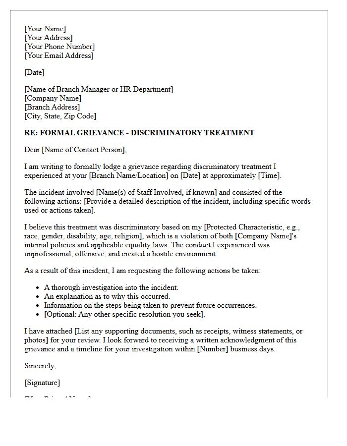 Formal Grievance Letter Concerning Discriminatory Treatment at Local Branch