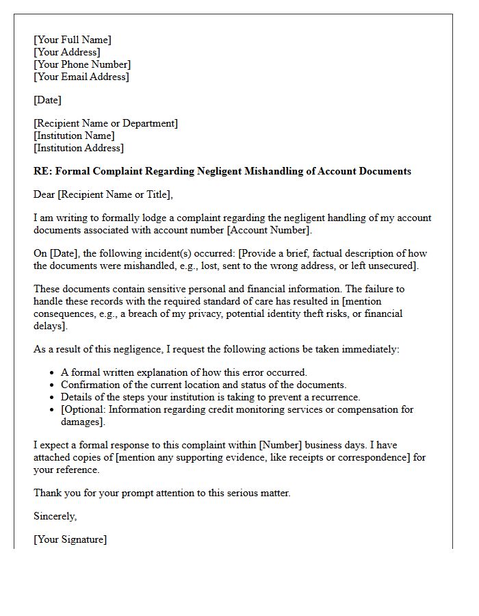 Formal Letter of Complaint Regarding Negligent Mishandling of Account Documents
