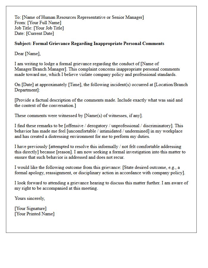 Grievance Letter for Inappropriate Personal Comments Made by Branch Management