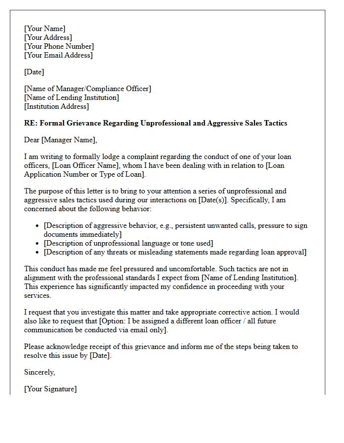 Grievance Letter for Unprofessional and Aggressive Sales Tactics by Loan Officer