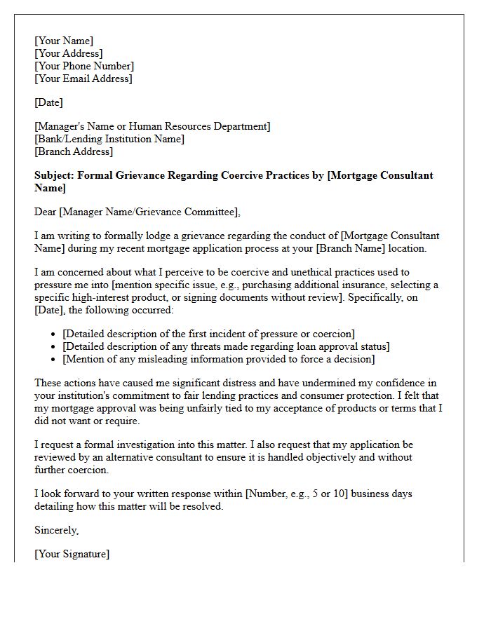 Grievance Letter Regarding Coercive Practices by Branch Mortgage Consultant