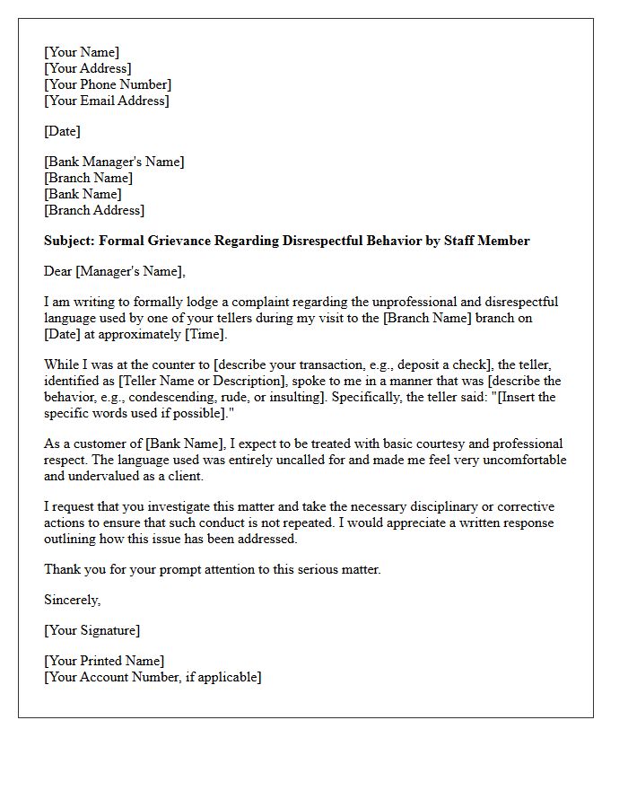 Grievance Letter Regarding Disrespectful Language by Branch Teller