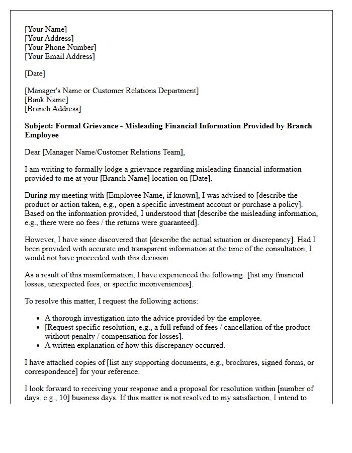 Grievance Letter Reporting Misleading Financial Information Provided by Branch Employee