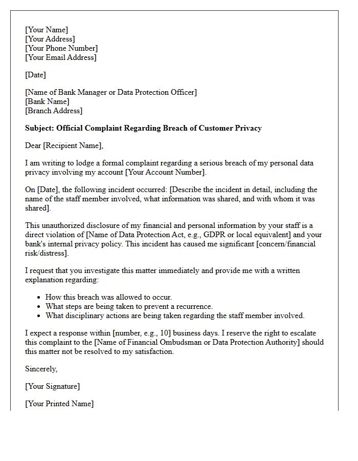 Official Complaint Letter for Breach of Customer Privacy by Bank Staff