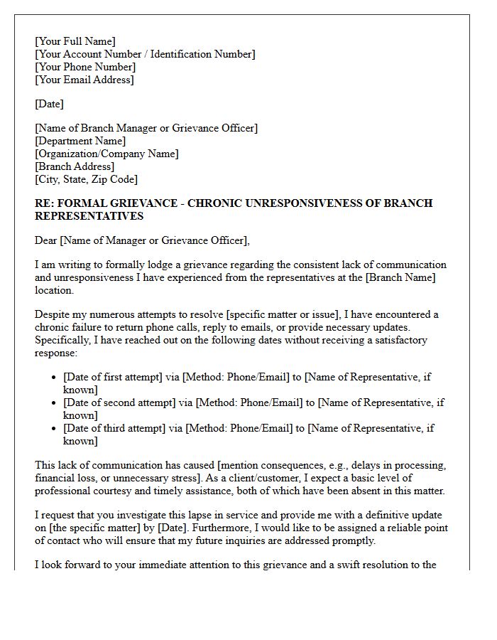 Official Grievance Letter Concerning Chronic Unresponsiveness of Branch Representatives