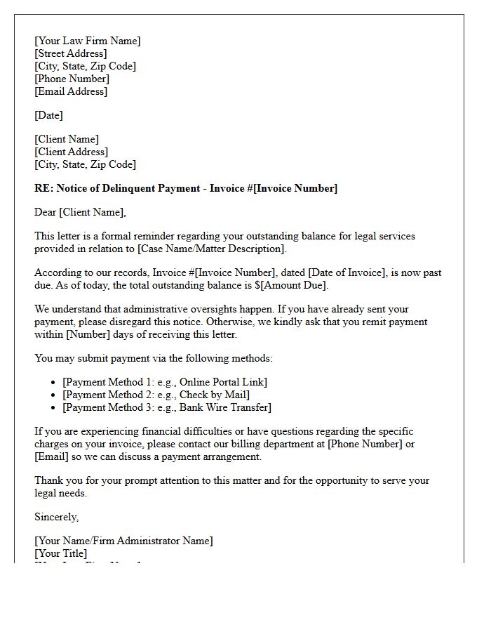 First Notice Letter for Delinquent Legal Services Payment