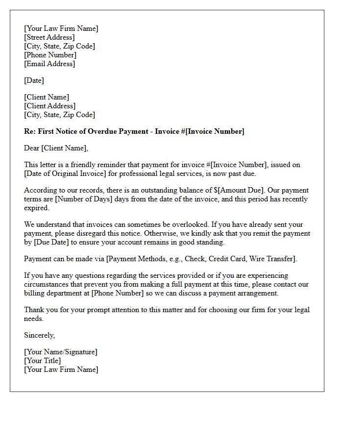 First Notice of Overdue Invoice for Professional Legal Services Letter