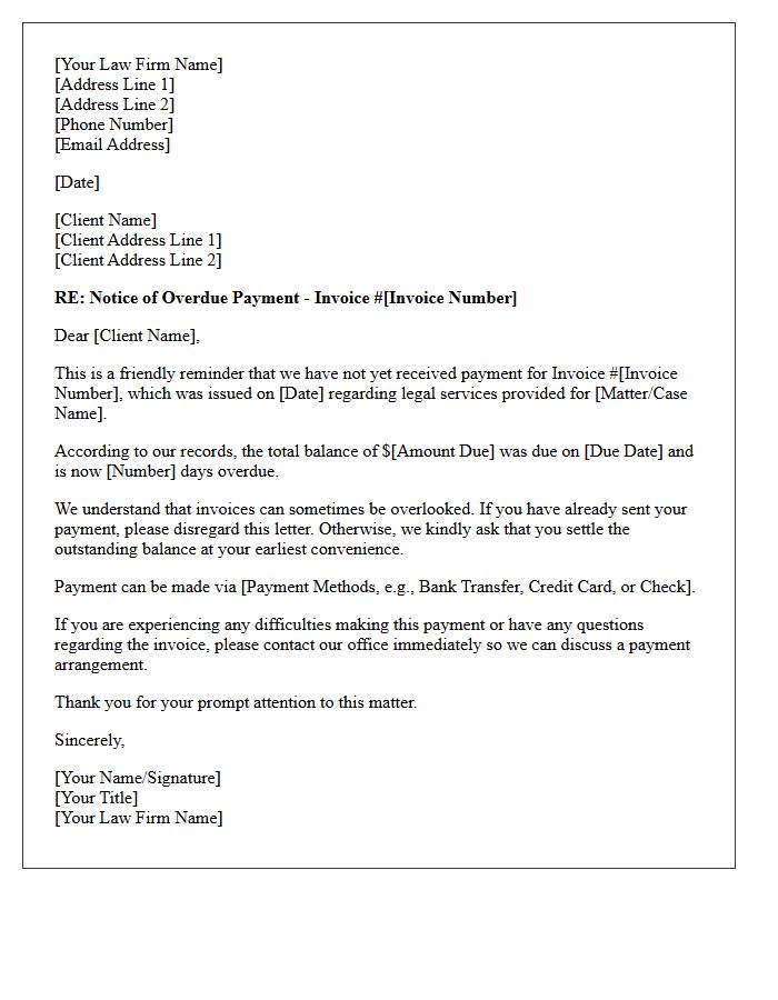 First Reminder Letter for Overdue Legal Services Invoice