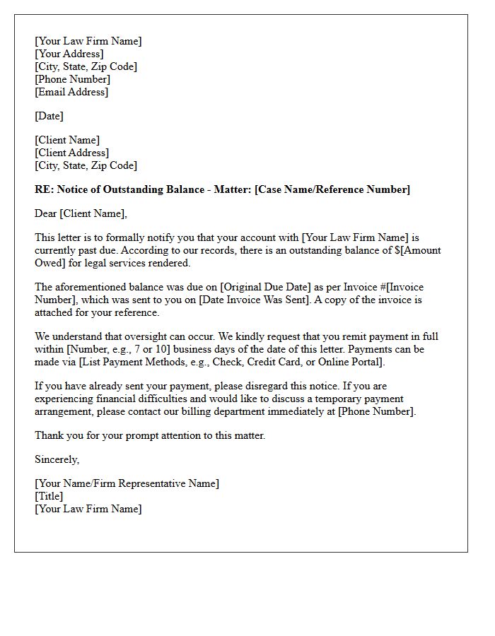 Initial Debt Collection Letter for Outstanding Legal Fees