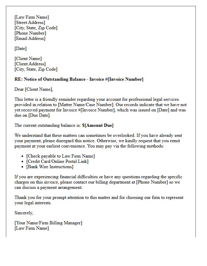 Initial Invoice Collection Letter for Professional Legal Services
