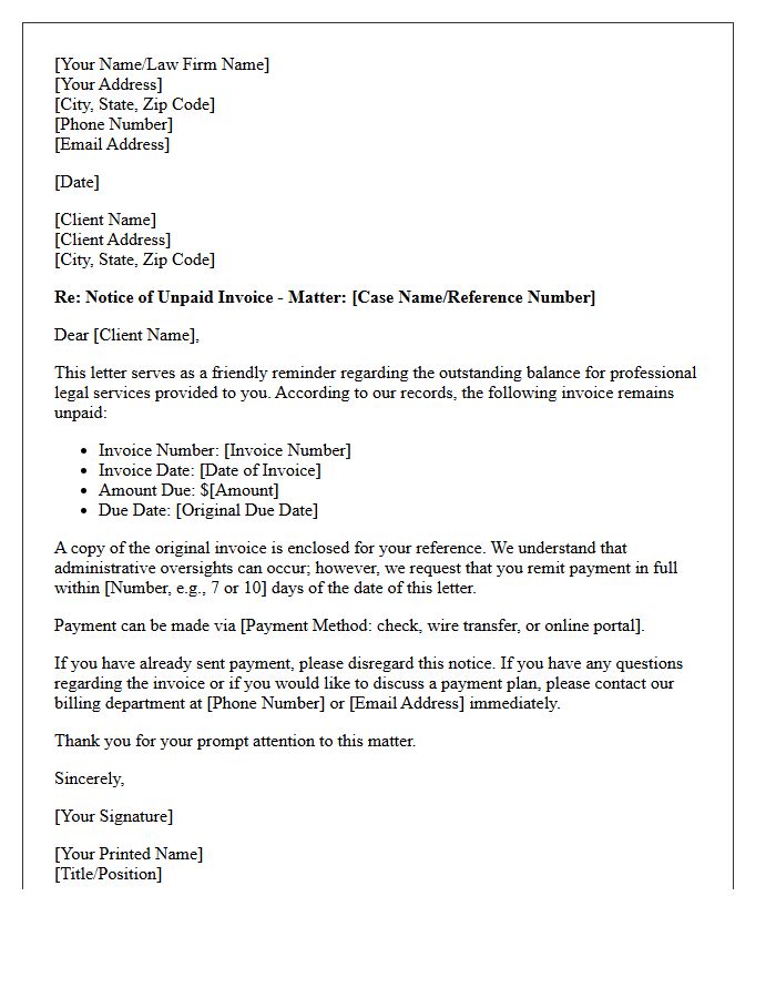 Initial Notice Letter for Unpaid Professional Legal Fees