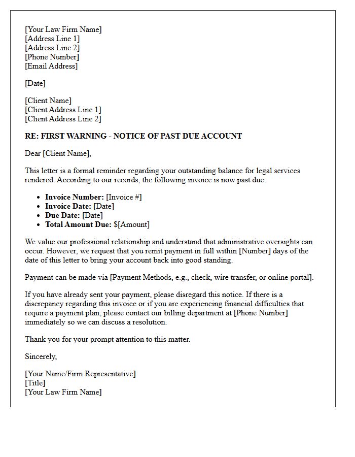 Past Due Legal Services Invoice First Warning Letter