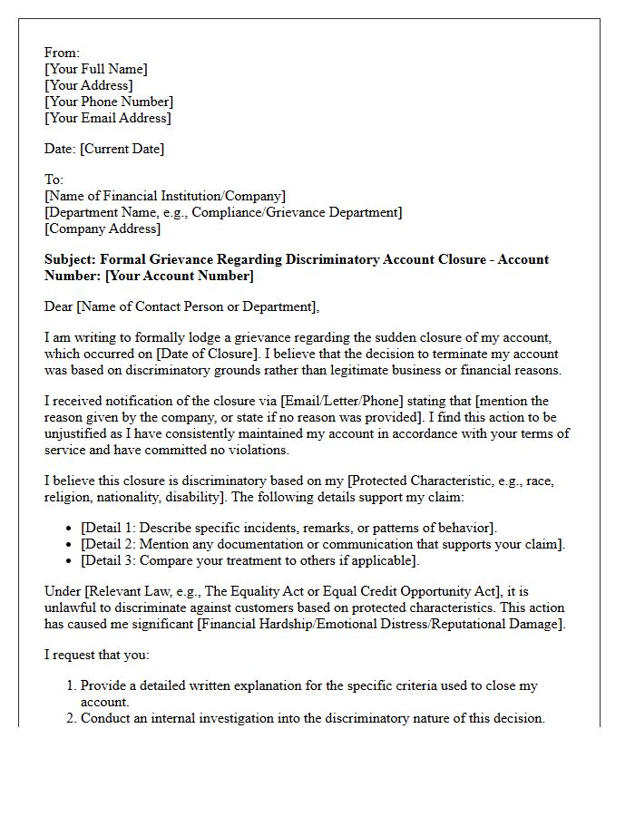 Grievance Letter for Discriminatory Account Closure
