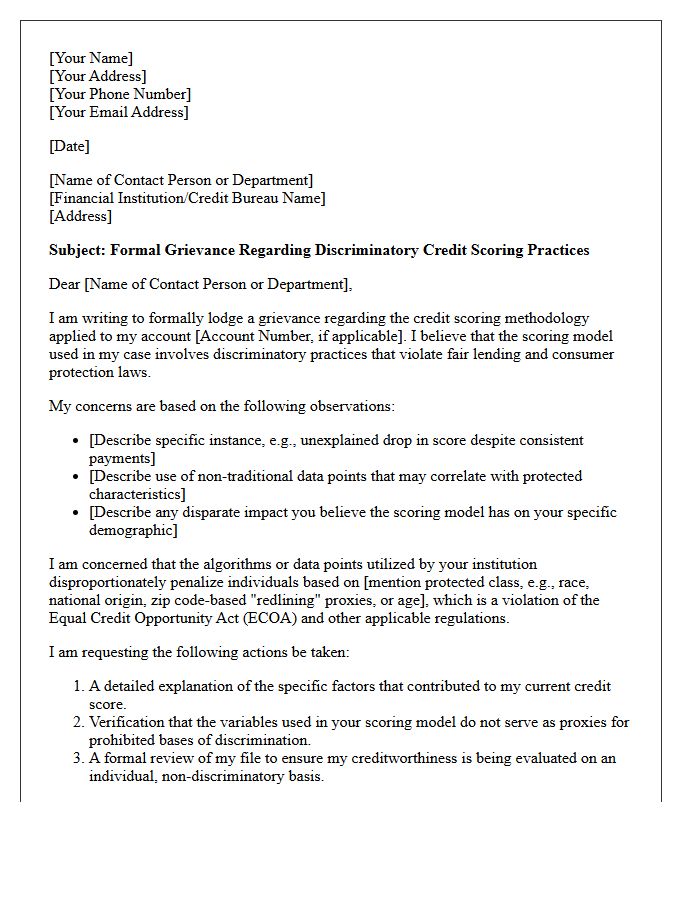Grievance Letter for Discriminatory Credit Scoring Practices