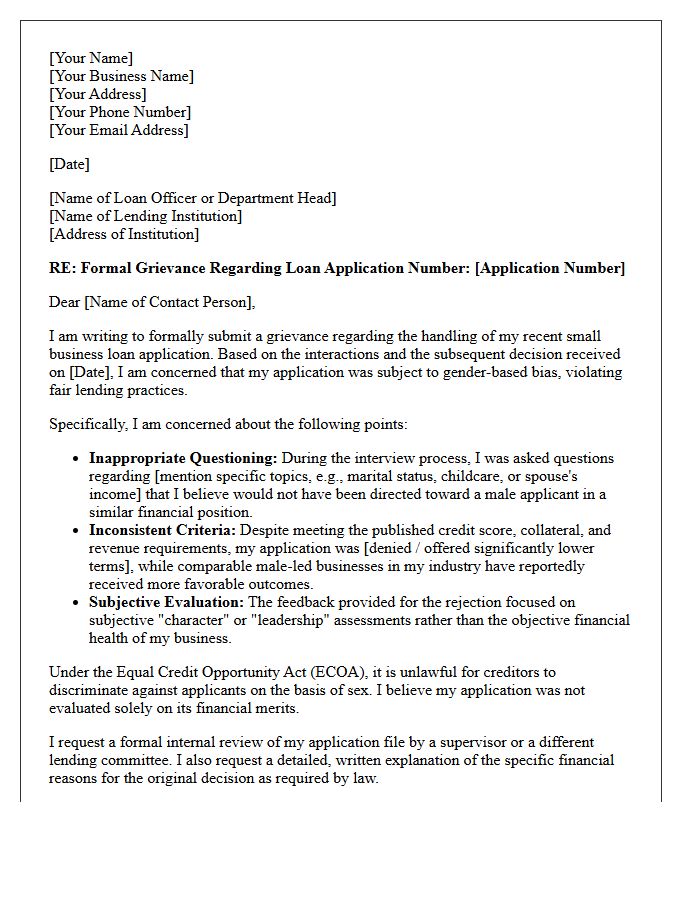 Grievance Letter for Gender Bias in Small Business Loans