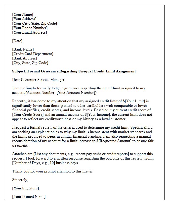 Grievance Letter for Unequal Credit Card Limit Assignment