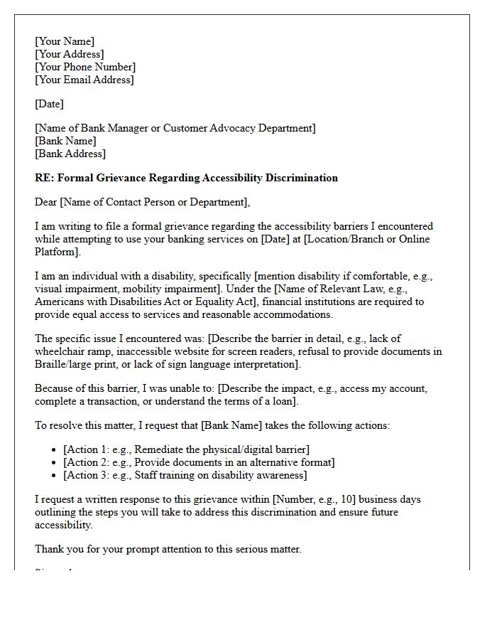 Grievance Letter Regarding Accessibility Discrimination in Banking Services