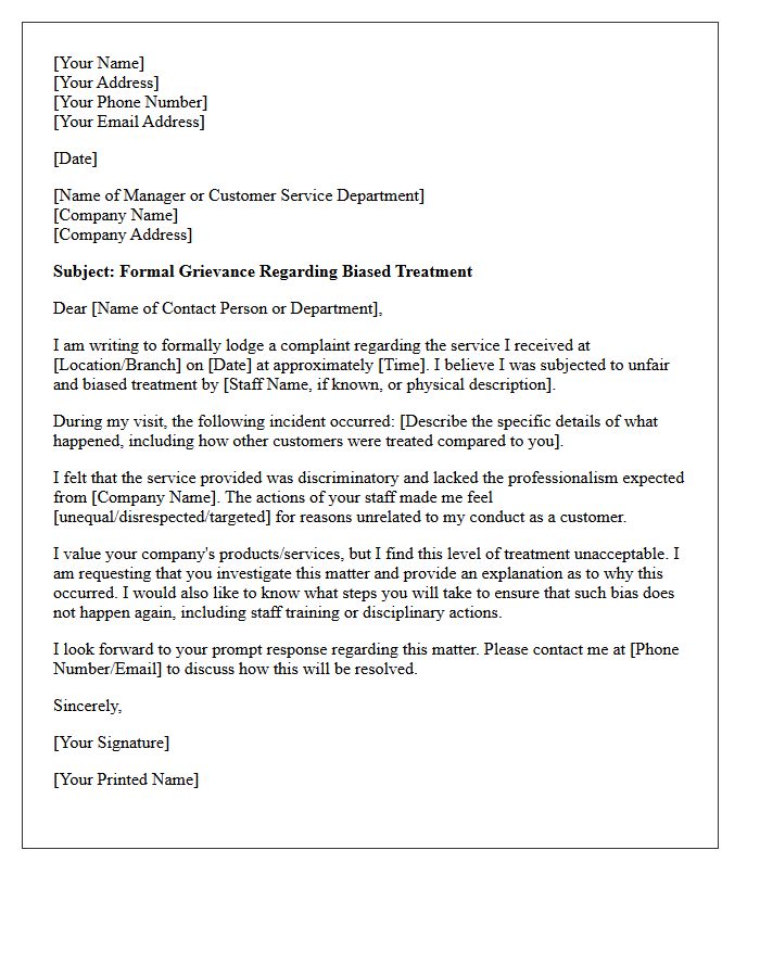 Grievance Letter Regarding Biased Customer Service Treatment