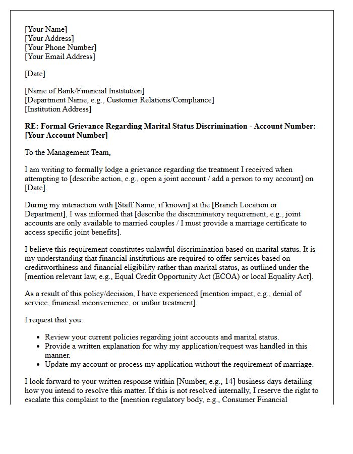 Grievance Letter Regarding Marital Status Discrimination in Joint Accounts