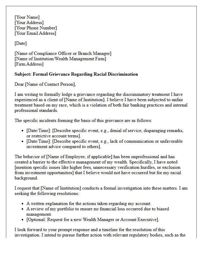 Grievance Letter Regarding Racial Discrimination in Wealth Management
