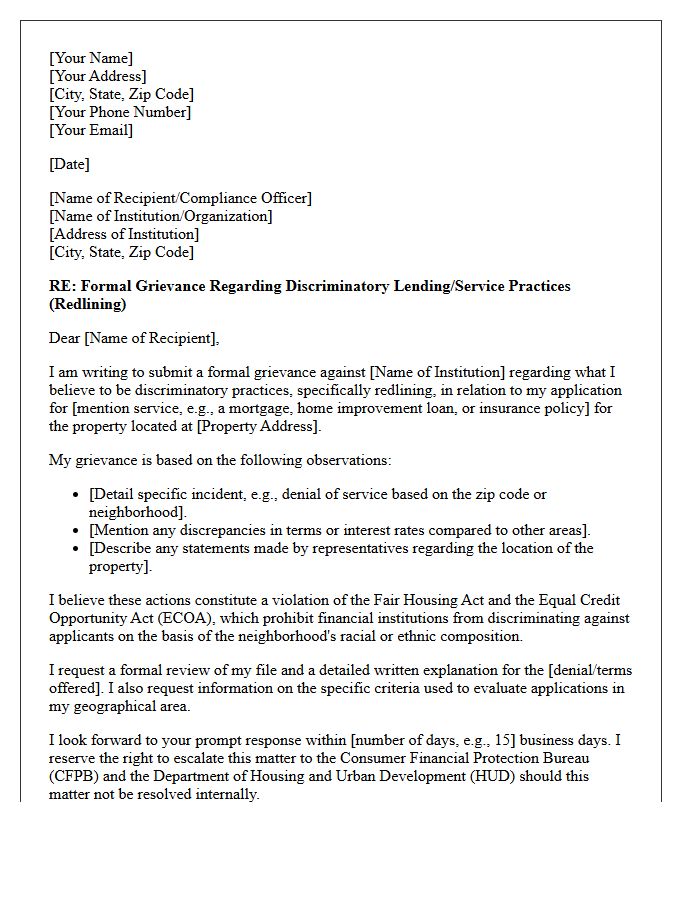 Grievance Letter Regarding Redlining Practices