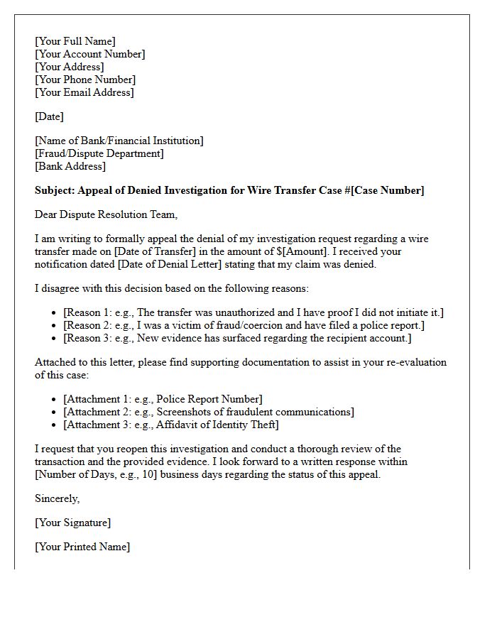 Appeal Letter for Denied Wire Transfer Investigation