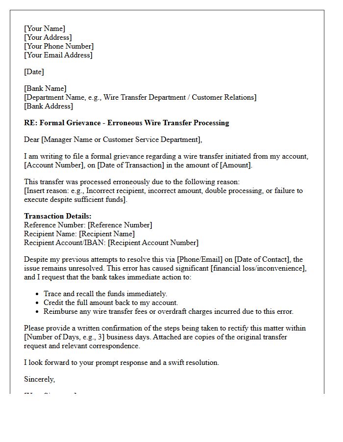 Client Grievance Letter for Erroneous Wire Transfer Processing