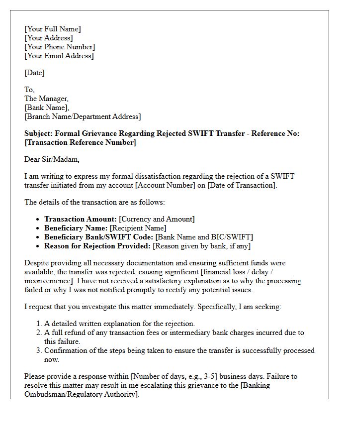 Customer Grievance Letter for Rejected SWIFT Transfer Processing