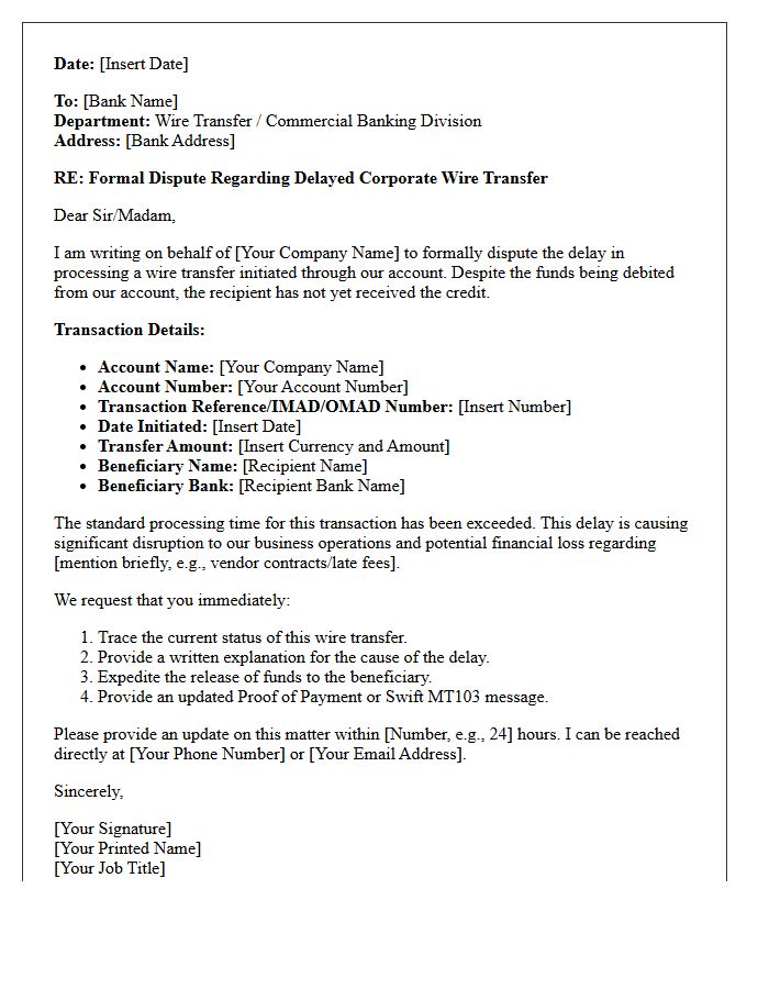Dispute Letter for Delayed Corporate Wire Transfer Processing