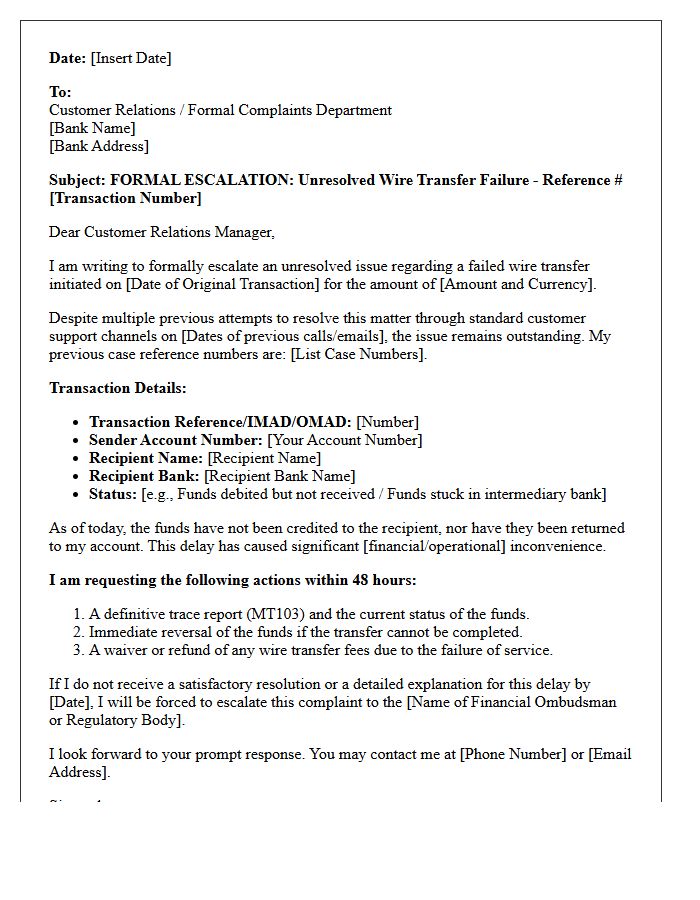 Escalation Letter for Unresolved Wire Transfer Failure