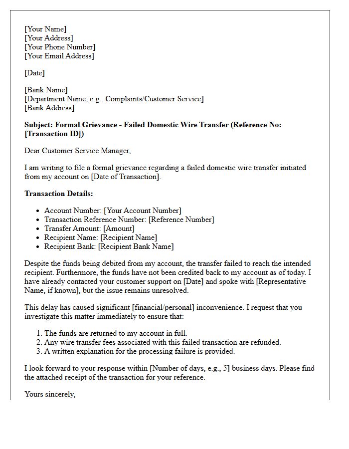 Grievance Letter for Failed Domestic Wire Transfer Processing