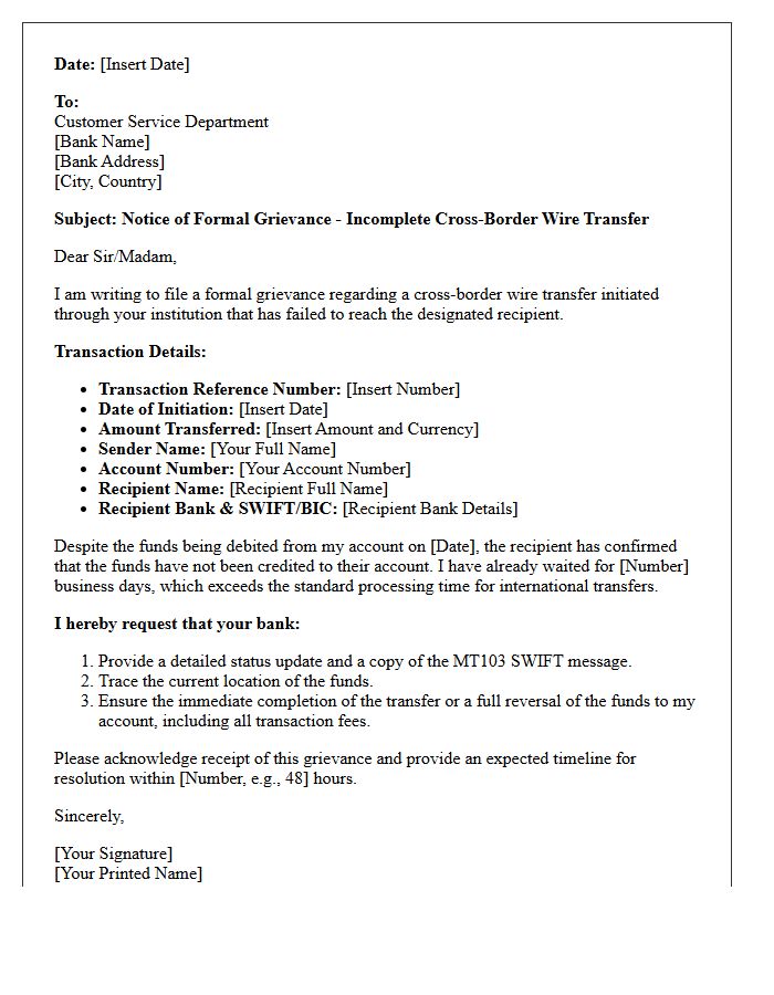 Notice Letter of Grievance for Incomplete Cross-Border Wire Transfer
