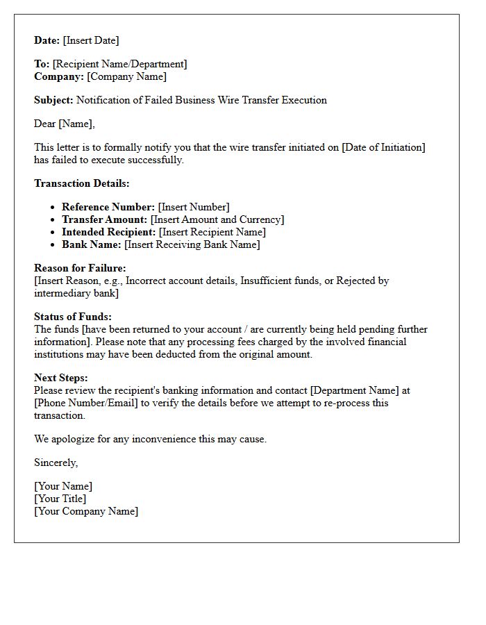 Notification Letter for Failed Business Wire Transfer Execution