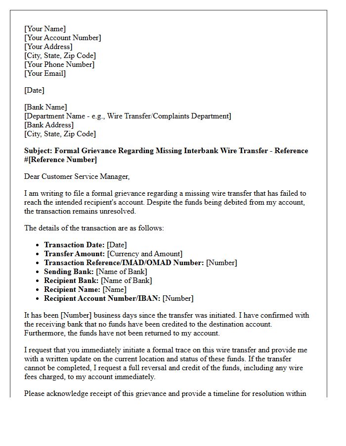 Official Grievance Letter for Missing Interbank Wire Transfer Funds
