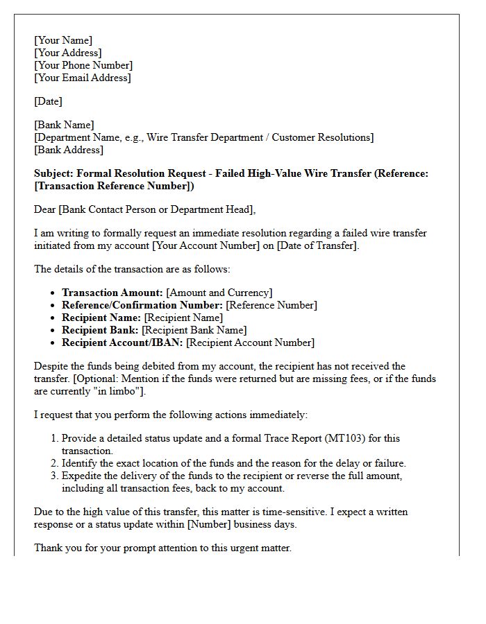 Resolution Request Letter for Failed High-Value Wire Transfer
