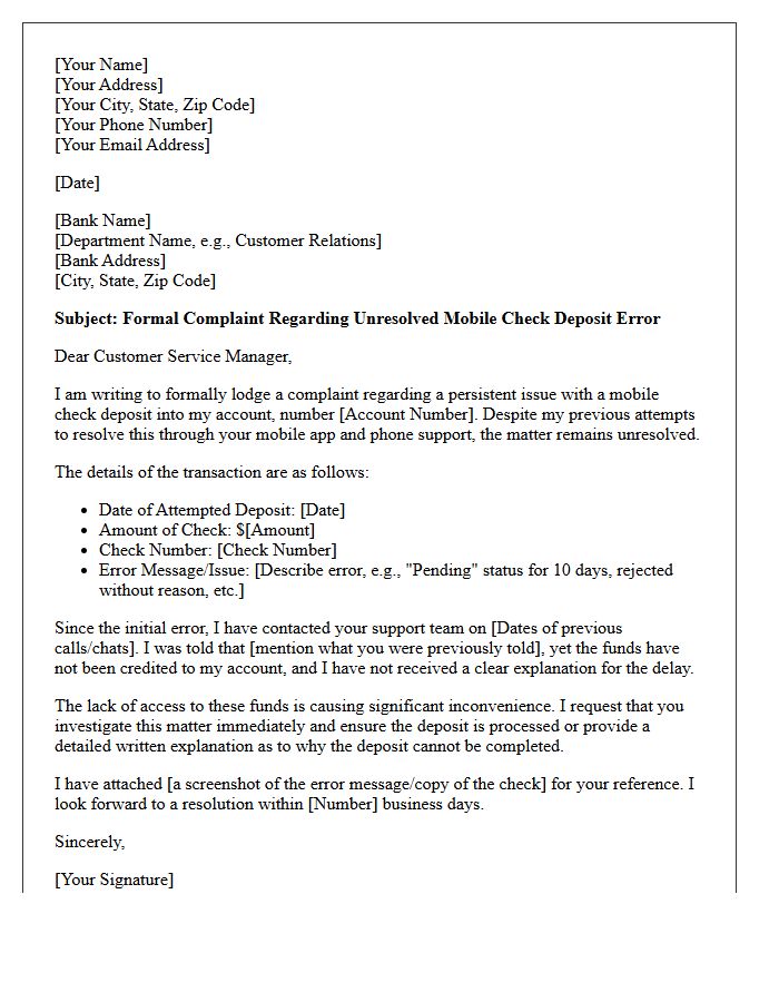 Customer Complaint Letter Regarding Unresolved Mobile Check Deposit Errors