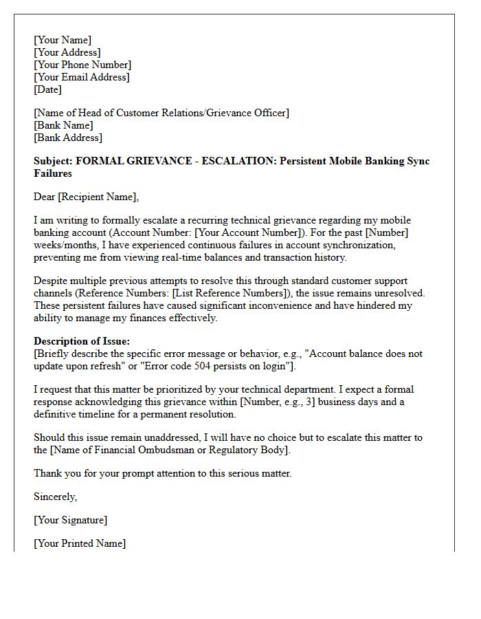 Escalated Grievance Letter for Continuous Mobile Banking Account Sync Failures