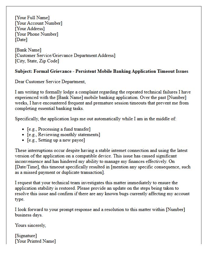 Formal Grievance Letter Concerning Repeated Mobile Banking Application Timeout Issues