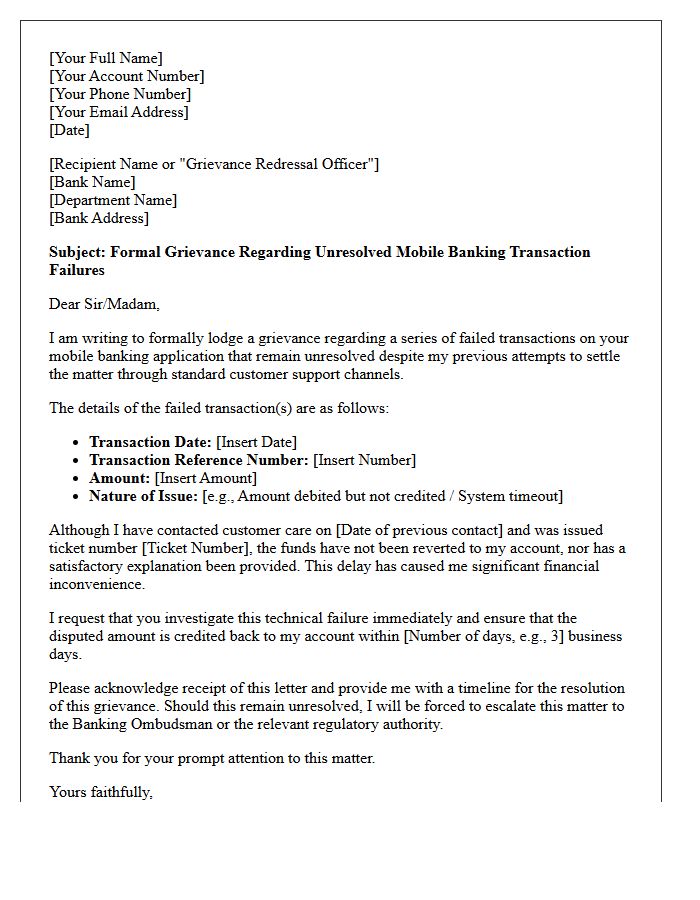 Formal Grievance Letter Concerning Unresolved Mobile Banking Transaction Failures