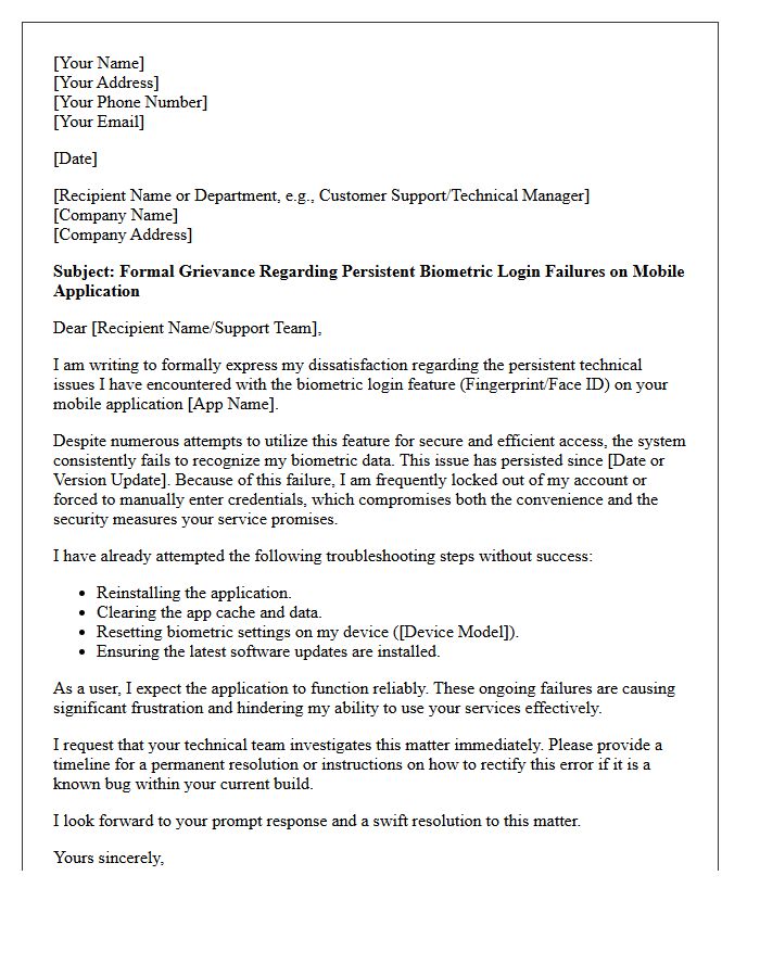 Grievance Letter Addressing Persistent Biometric Login Failures on Mobile App