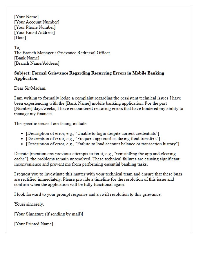 Grievance Letter for Recurring Mobile Banking Application Errors