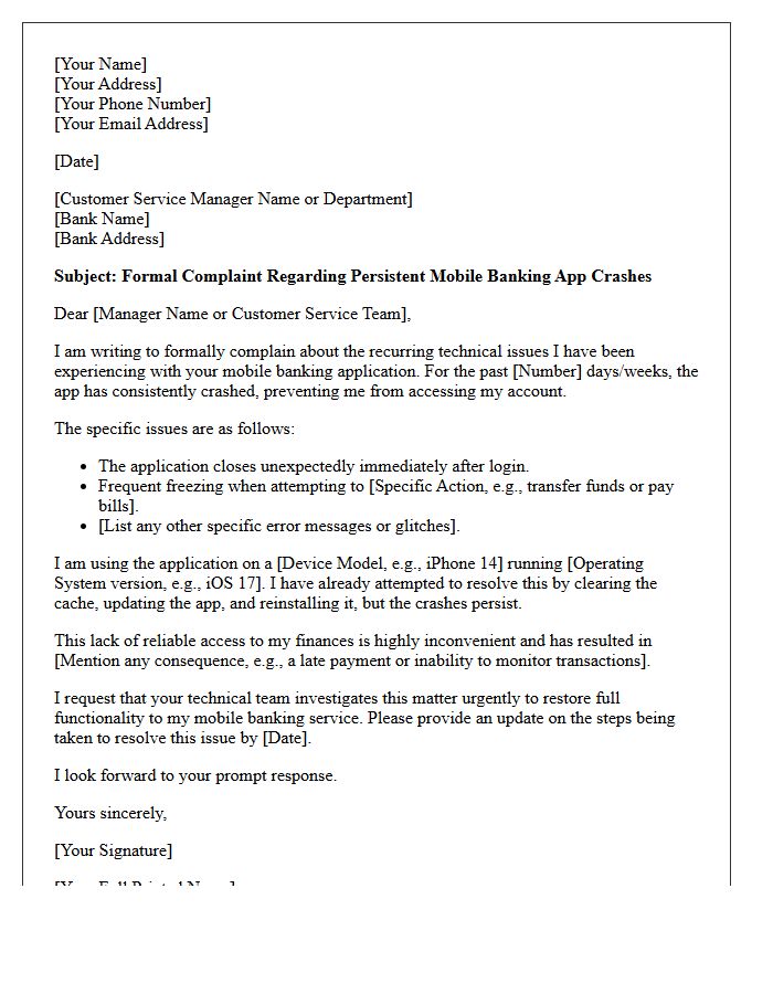 Letter of Complaint Regarding Persistent Mobile Banking App Crashes