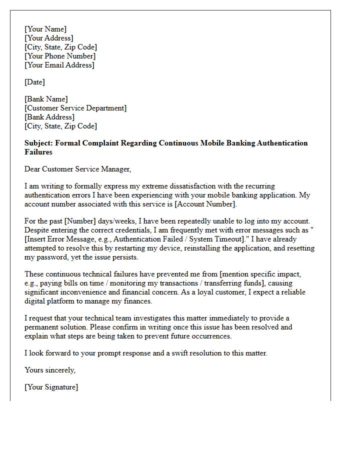 Letter of Dissatisfaction Regarding Continuous Mobile Banking Authentication Errors
