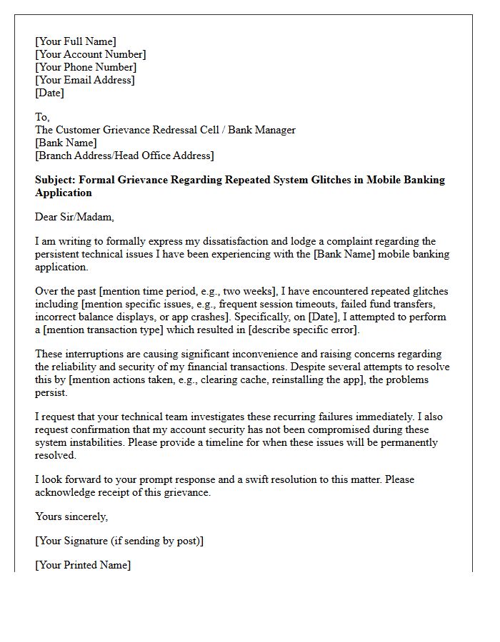 Letter of Grievance Regarding Repeated System Glitches During Mobile Banking Operations