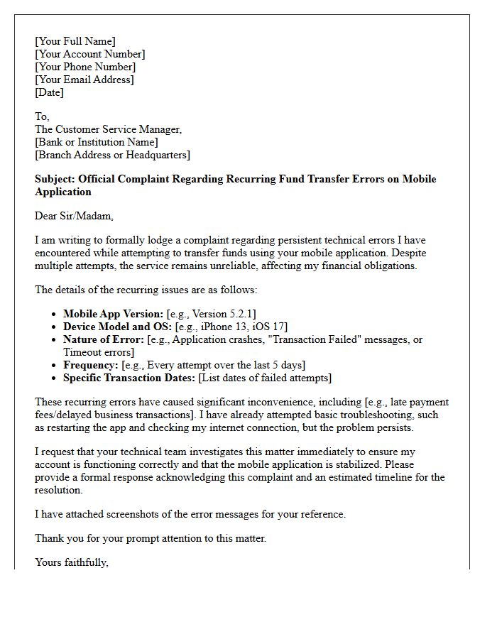 Official Complaint Letter for Recurring Fund Transfer Errors on Mobile Application