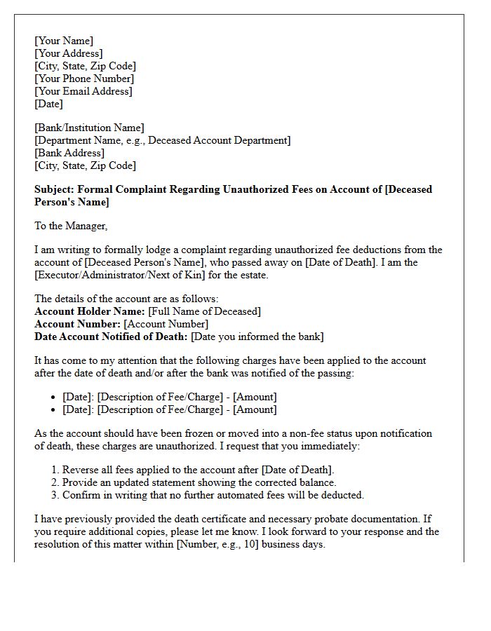 Complaint Letter for Unauthorized Fees Deducted From a Deceased Customer Account