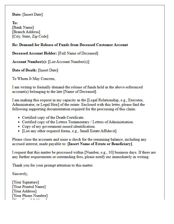 Demand Letter for the Release of Funds From a Deceased Customer Account