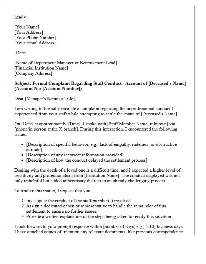Escalation Letter for Poor Staff Conduct During the Settlement of a Deceased Customer Account