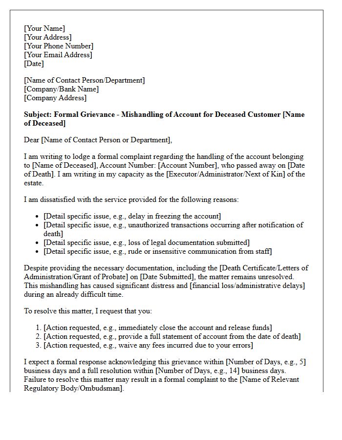 Grievance Letter for Mishandling of Deceased Customer Account