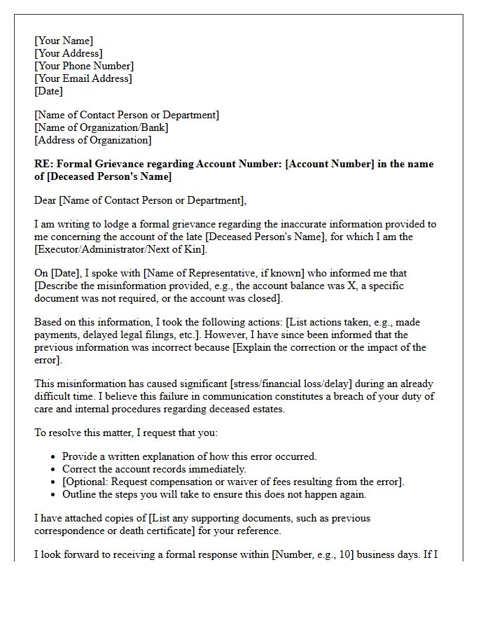 Grievance Letter for Misinformation Provided About a Deceased Customer Account
